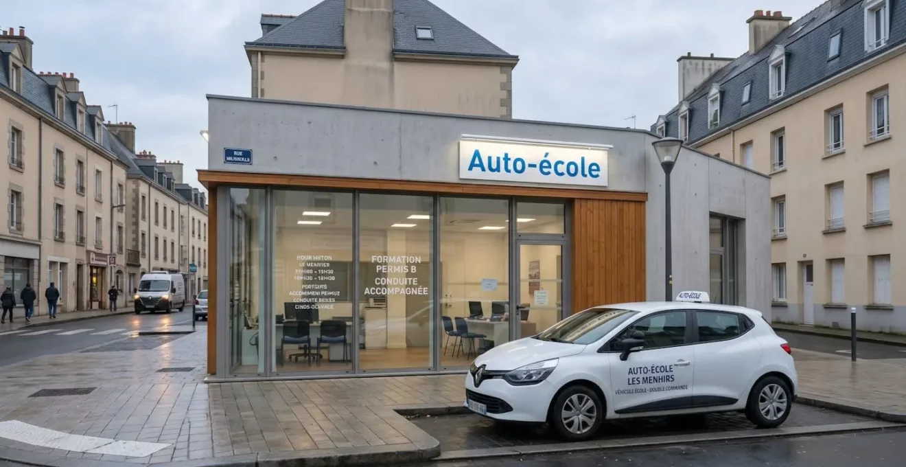 Façade extérieure d'une agence auto-école française avec enseigne visible, véhicule à double commande stationné devant, environnement urbain de l'Ouest de la France
