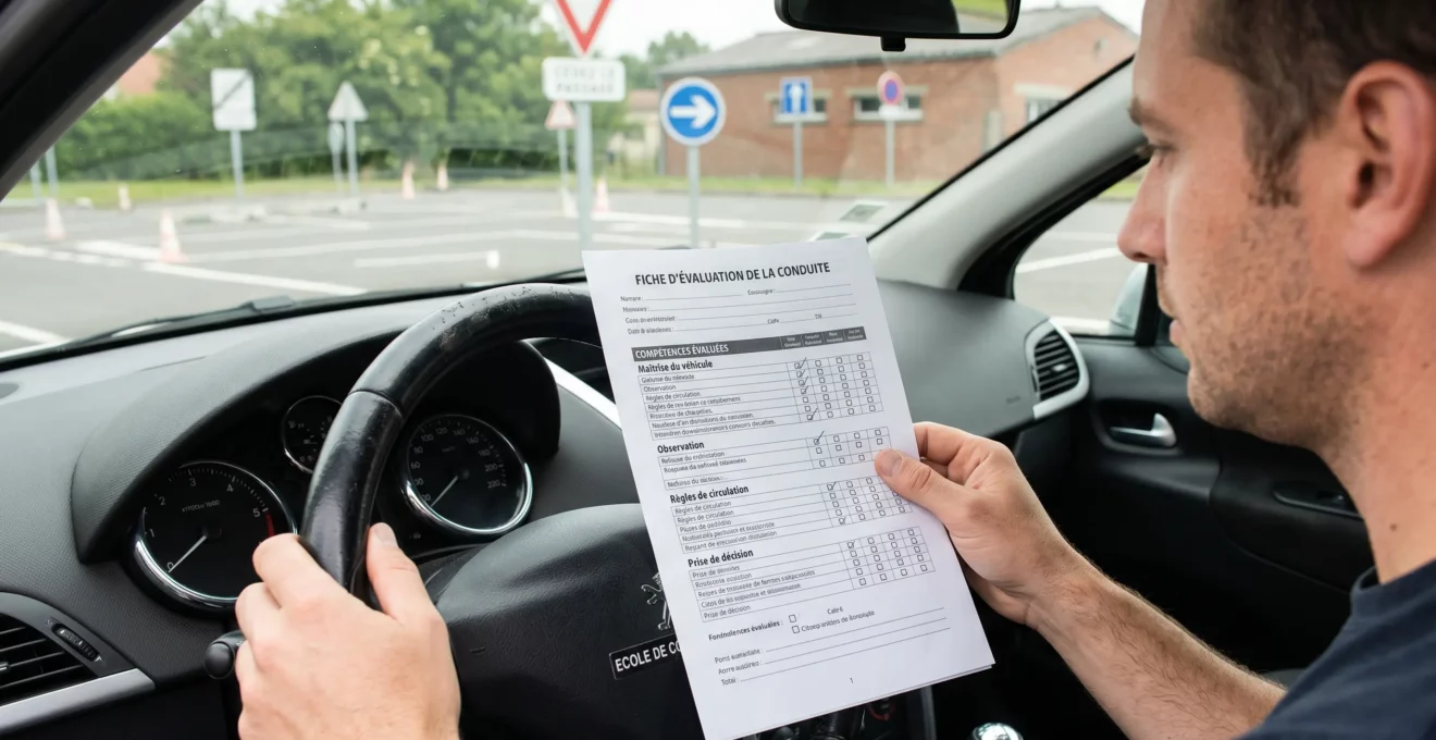 Fiche d'évaluation de conduite en français tenue dans l'habitacle d'un véhicule auto-école, tableau de bord et parking de formation visibles en arrière-plan