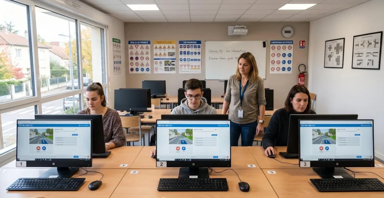 Salle de formation au code de la route dans une auto-école française, trois élèves de profils variés concentrés devant leurs écrans, monitrice en supervision, décor contemporain