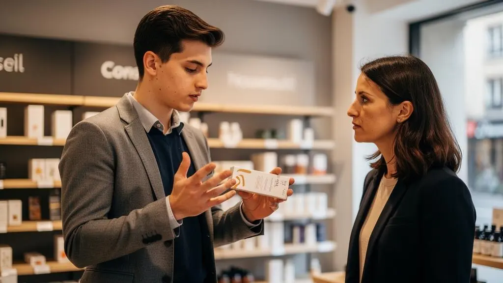 Sales apprentice presenting a product to a customer in a French retail store