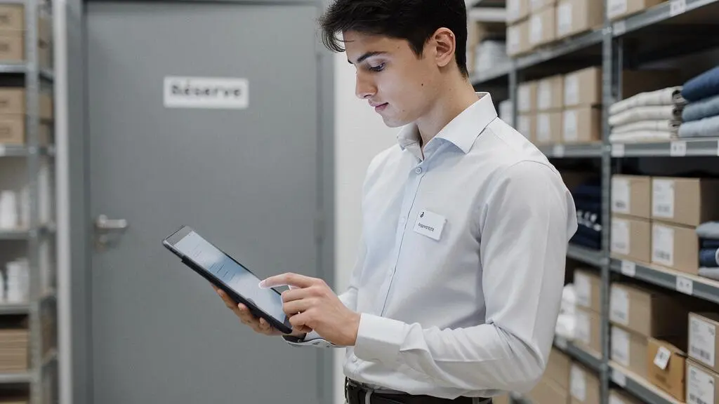 Retail apprentice using a digital tablet to check inventory in a stockroom