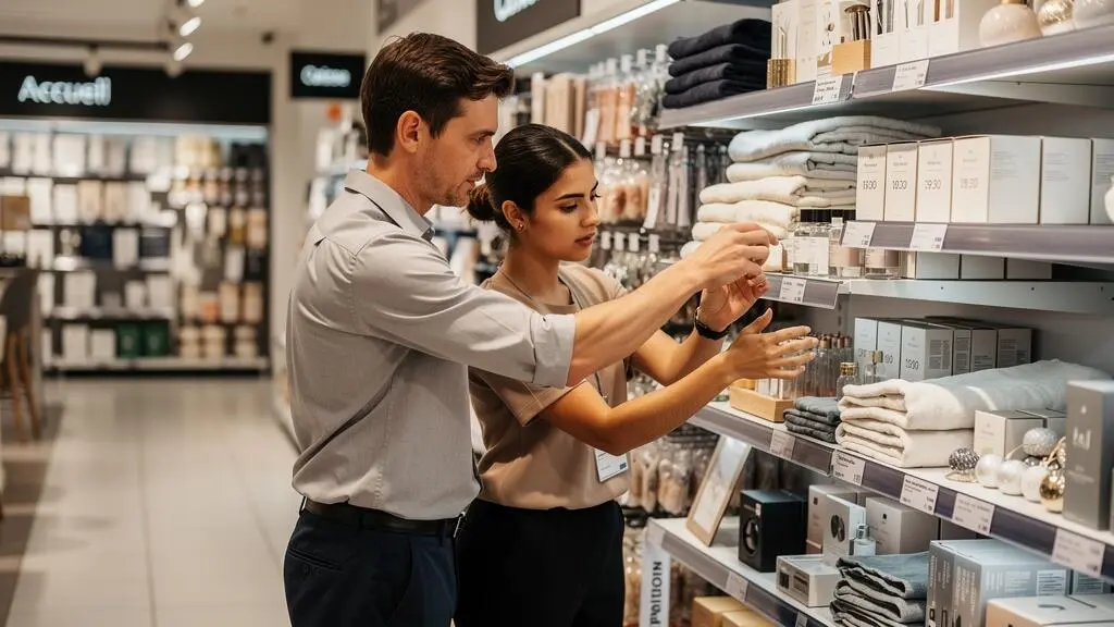 Retail mentor training apprentice in product merchandising techniques in a store