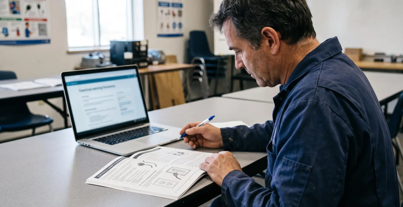 Un apprenant en vêtement de travail étudie un livret d'habilitation électrique posé à côté d'un ordinateur portable en salle de formation.