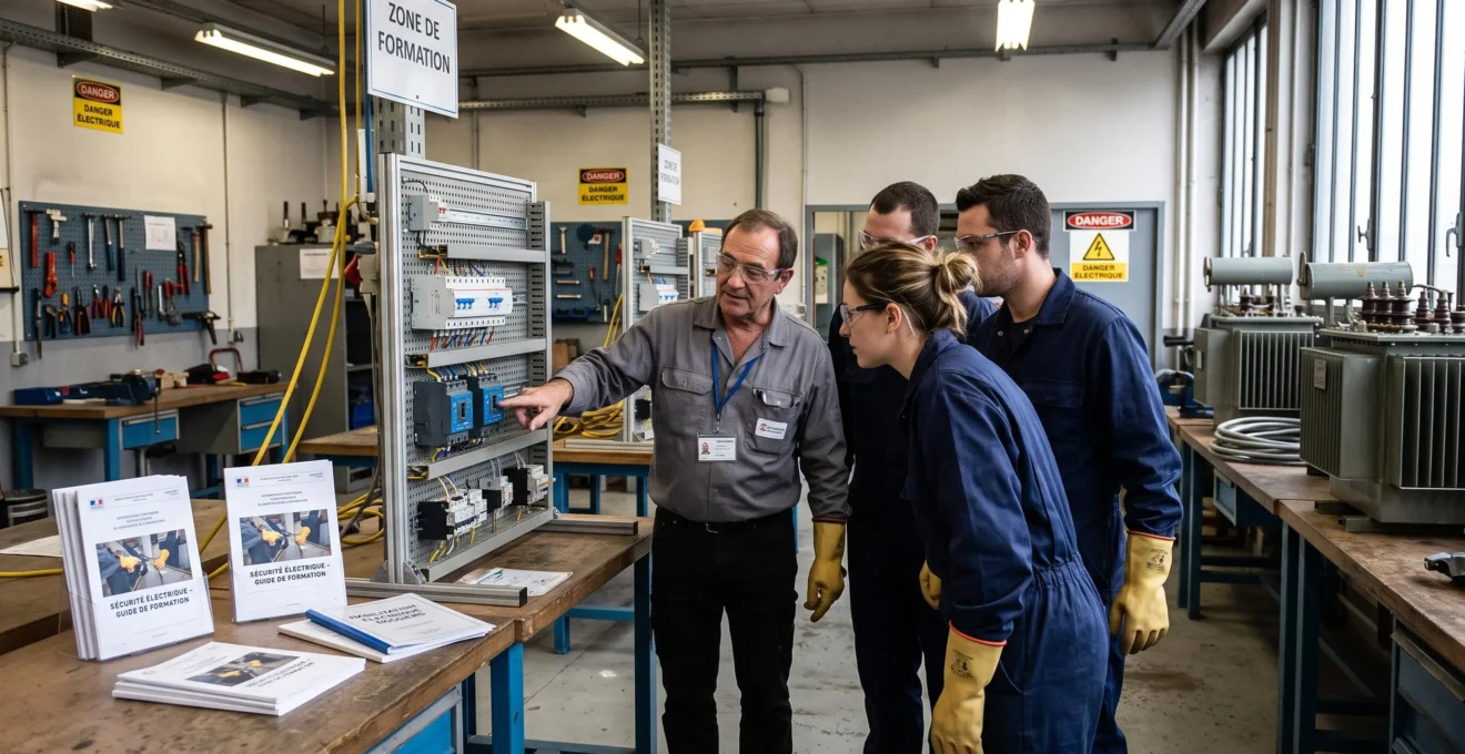 Un formateur anime une démonstration sur un panneau électrique devant des apprenants en vêtements de travail dans un atelier de formation.