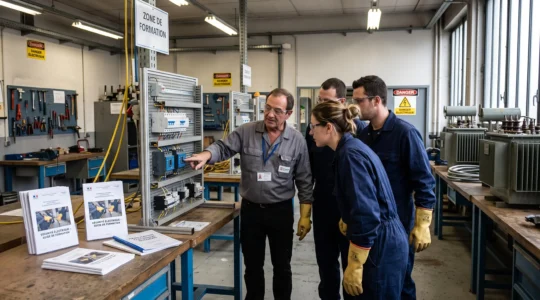 Un formateur anime une démonstration sur un panneau électrique devant des apprenants en vêtements de travail dans un atelier de formation.