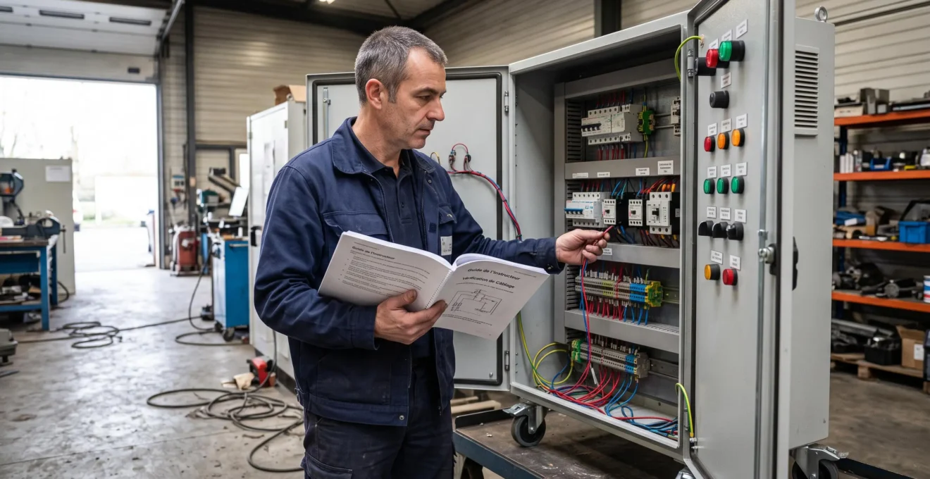 Un formateur compare un guide pédagogique ouvert avec les composants d'une armoire de formation électrique dans un atelier.