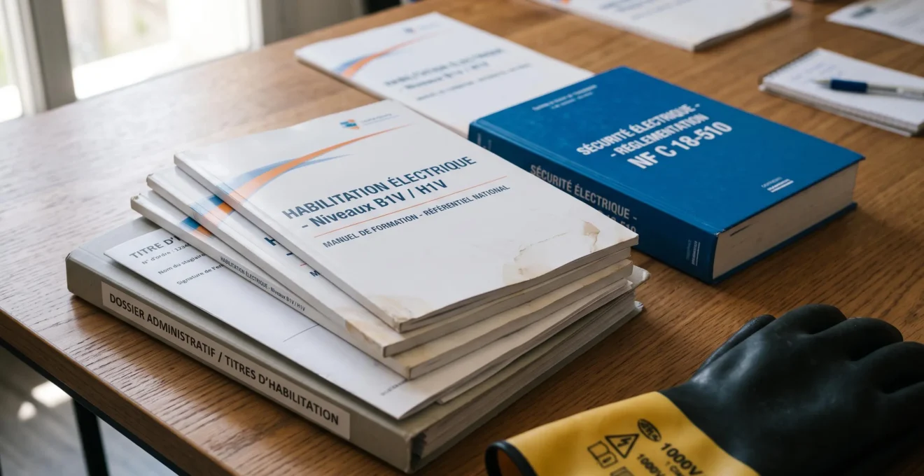 Des livrets de formation et des documents d'habilitation électrique sont disposés sur un bureau avant une session de formation.